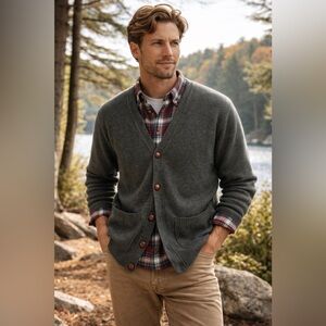 Vintage LL Bean Men’s Olive Brown Lambswool Cardigan Preppy *Flaw Small